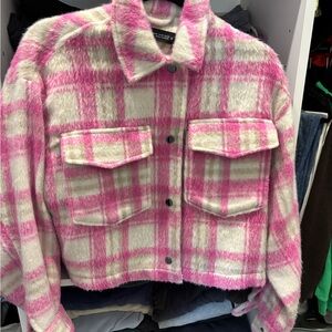 Zara Pink and Cream Plaid Teddy Jacket